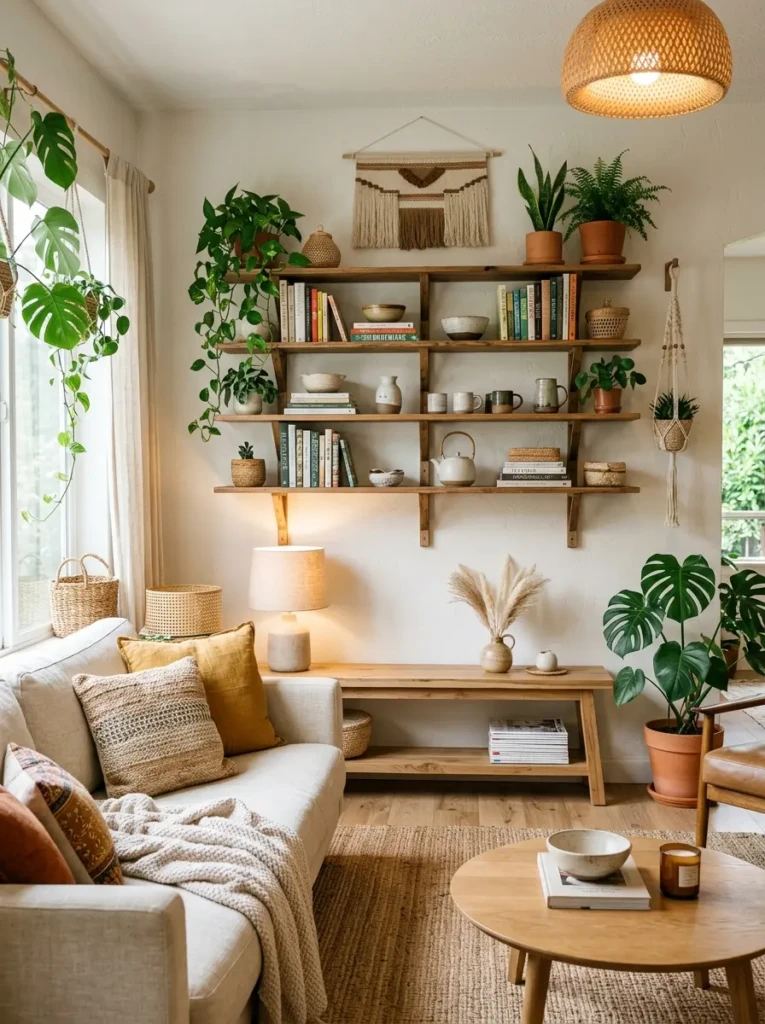 A boho living room featuring open wooden shelves styled with books, plants, and ceramics in a balanced and airy layout