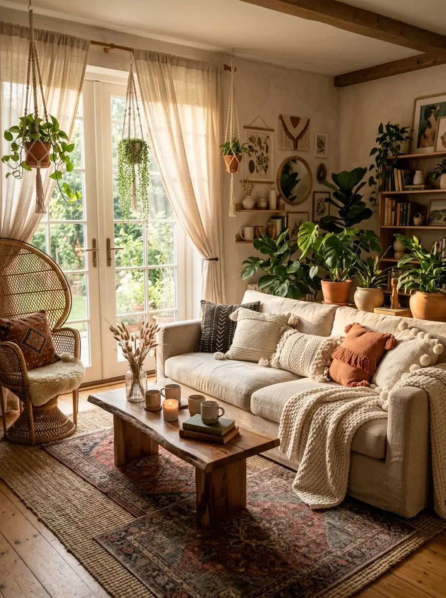 A cozy boho living room with layered rugs, soft sunlight through sheer curtains, plants, and warm neutral tones.