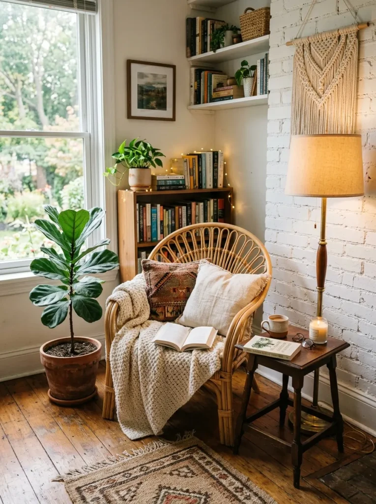 Boho reading corner with rattan chair, soft throw blanket, small side table, floor lamp, plant, and woven rug.
