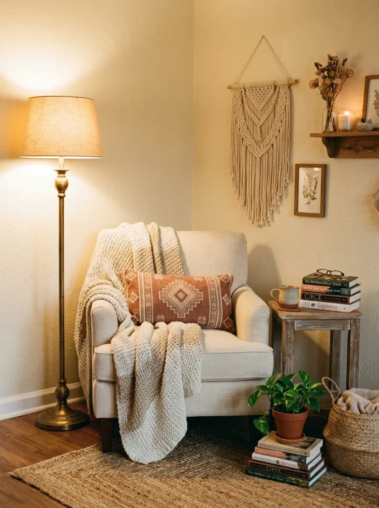 Small boho reading corner with armchair, soft throw, and floor lamp