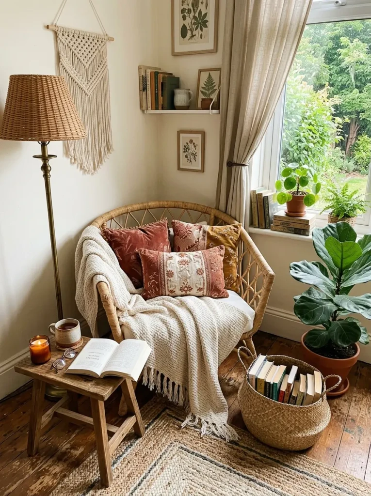 Boho reading nook with rattan chair, woven throw, floor lamp, leafy plant, and basket of books.