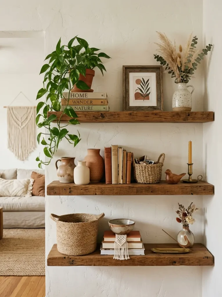 Boho open shelves styled with ceramic vases, woven baskets, books, trailing plant, and framed art.