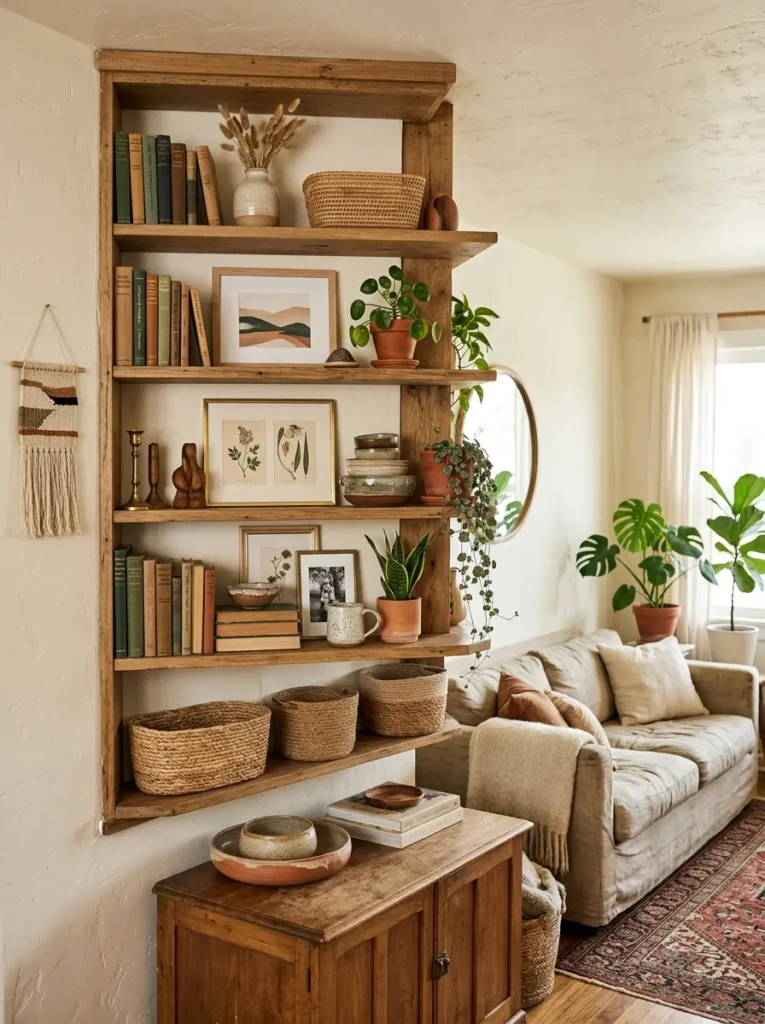 Boho open shelves styled with books, pottery, woven baskets, small plants, framed art, and earthy neutral colors.