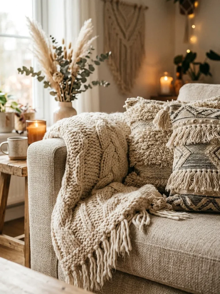Close-up of a boho sofa with chunky knit and fringed throw blankets adding warmth and soft texture
