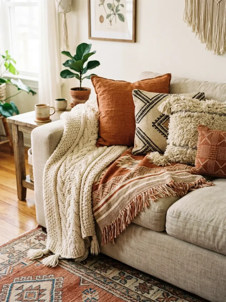 Boho sofa with chunky knit throw, fringed blanket, layered pillows, and soft linen upholstery.