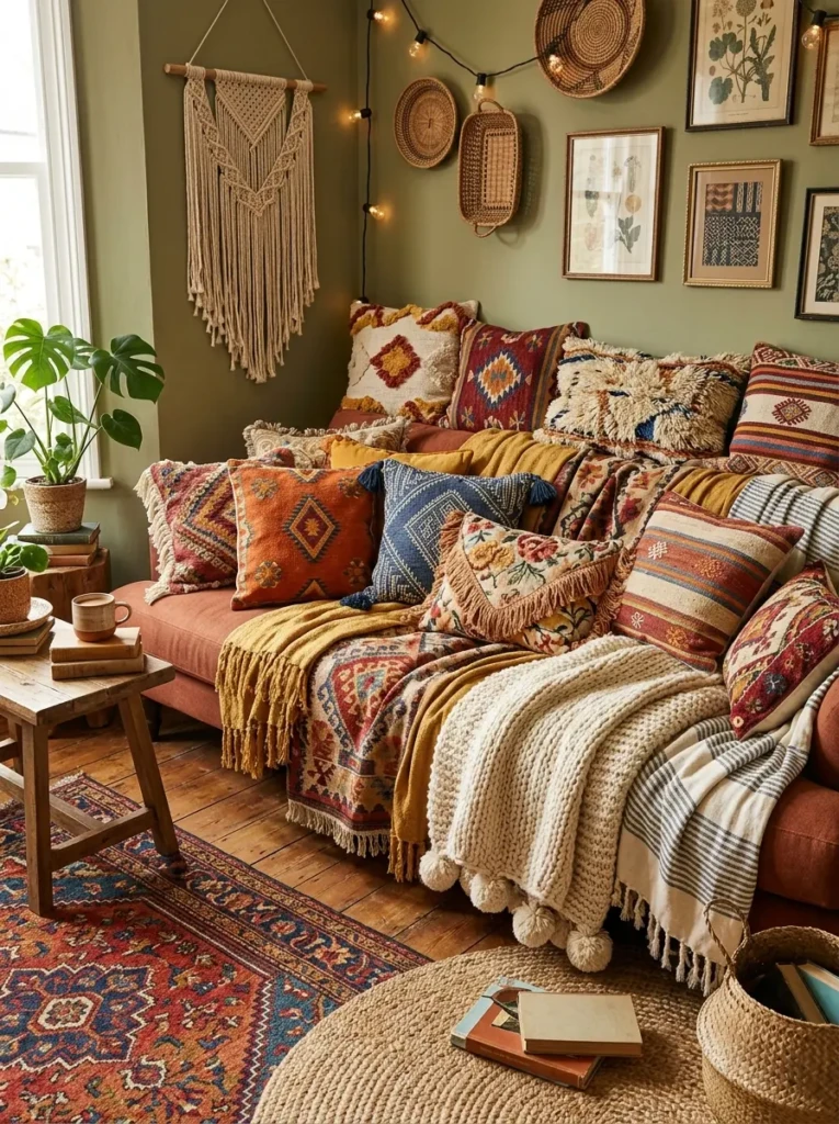 Boho living room featuring layered pillows, throws, and textured fabrics