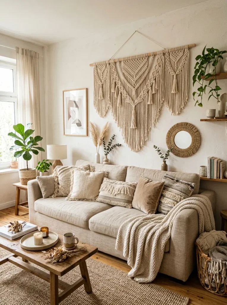Boho living room with large macramé wall hanging adding texture and soft artistic detail to the space