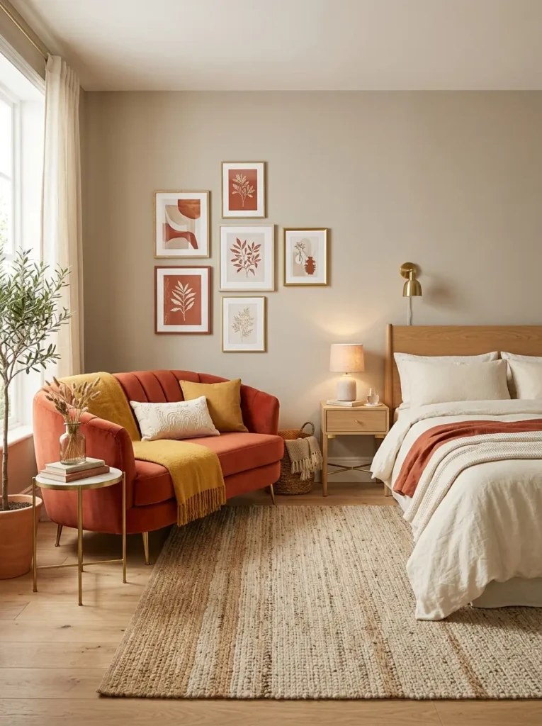 Bold mustard or terracotta sofa as a focal point in a neutral bedroom with warm elegant decor.