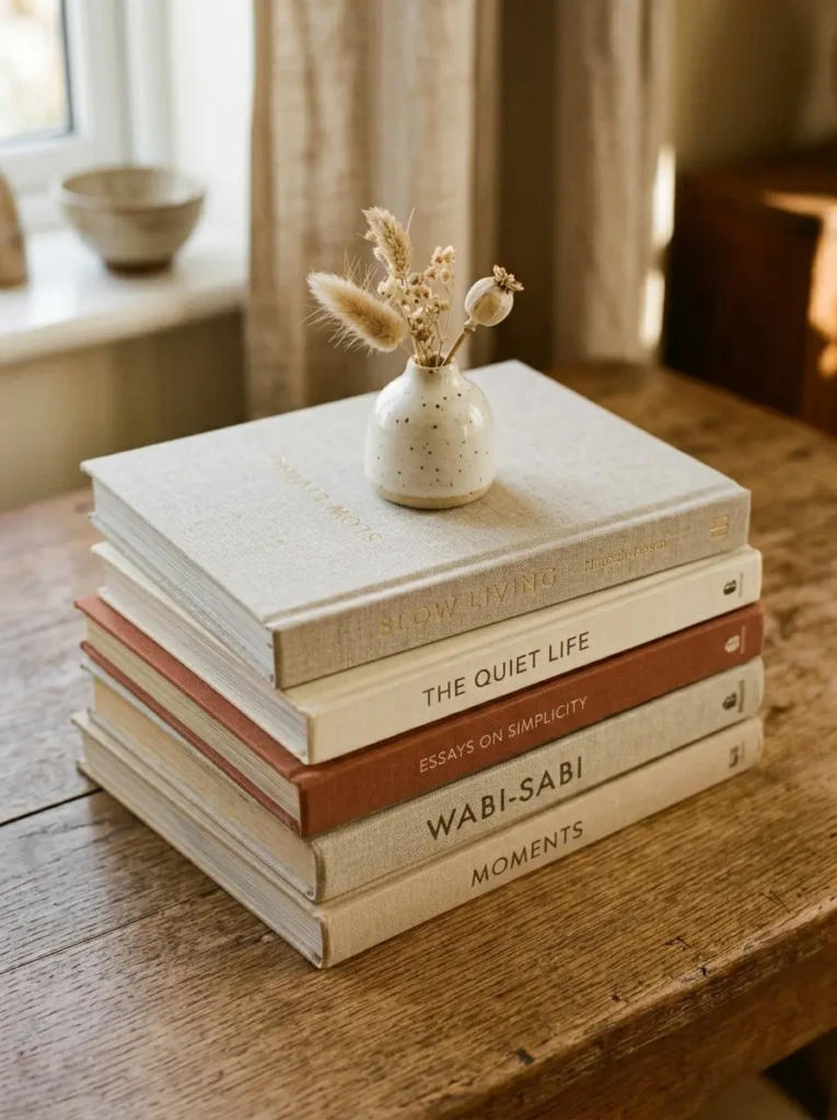 horizontal stack of books topped with small decor object on styled shelf