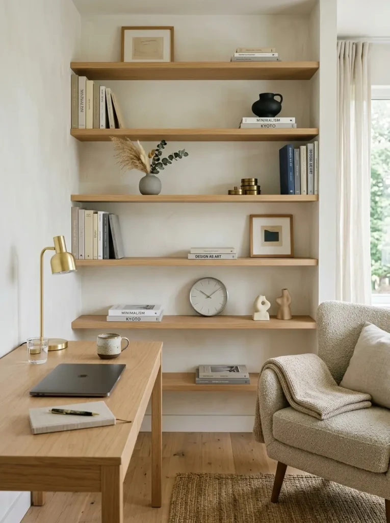 Stylish minimalist bookshelf with muted tones, airy spacing, and cozy Scandinavian-inspired decor.