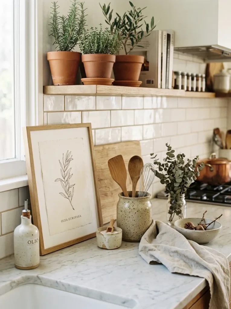 Neutral botanical artwork styled with ceramic kitchen accessories