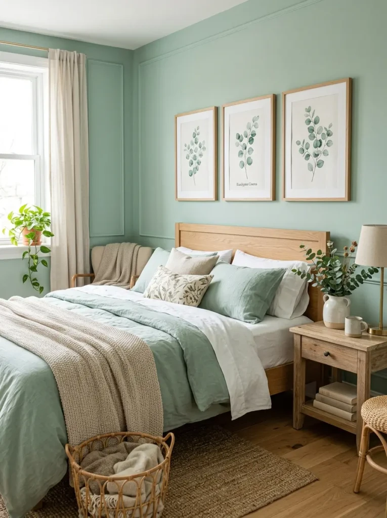 Botanical wall art and ceramic planters in calming mint green bedroom