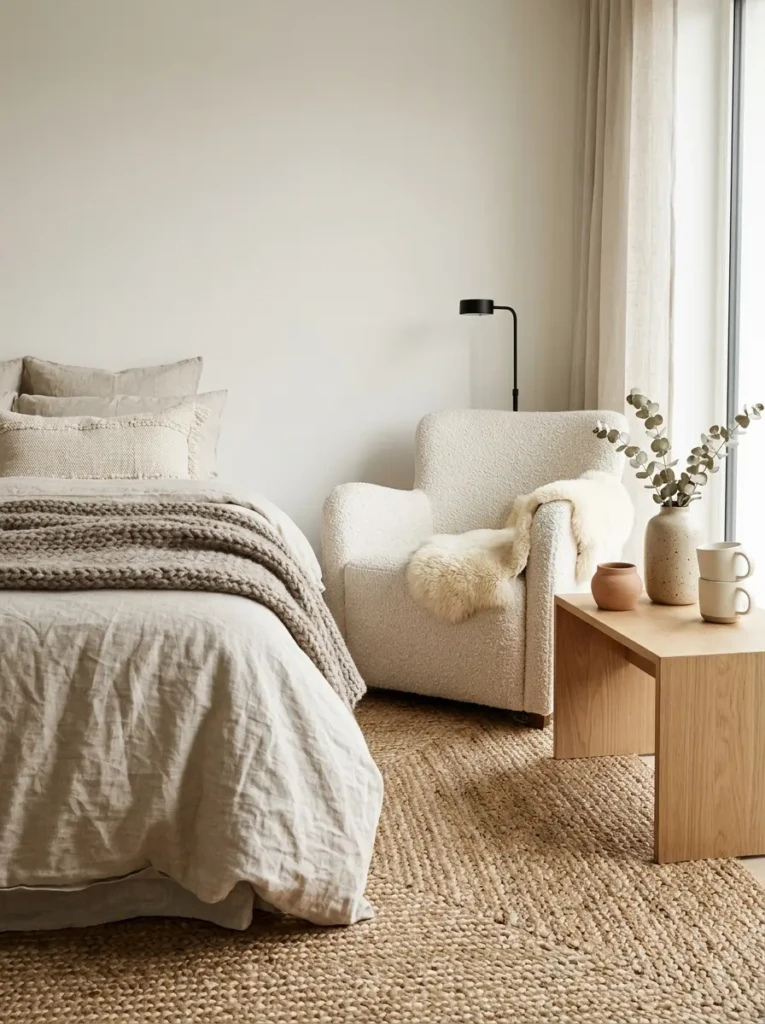 Cozy minimalist bedroom featuring boucle furniture, linen bedding, and ceramic decor