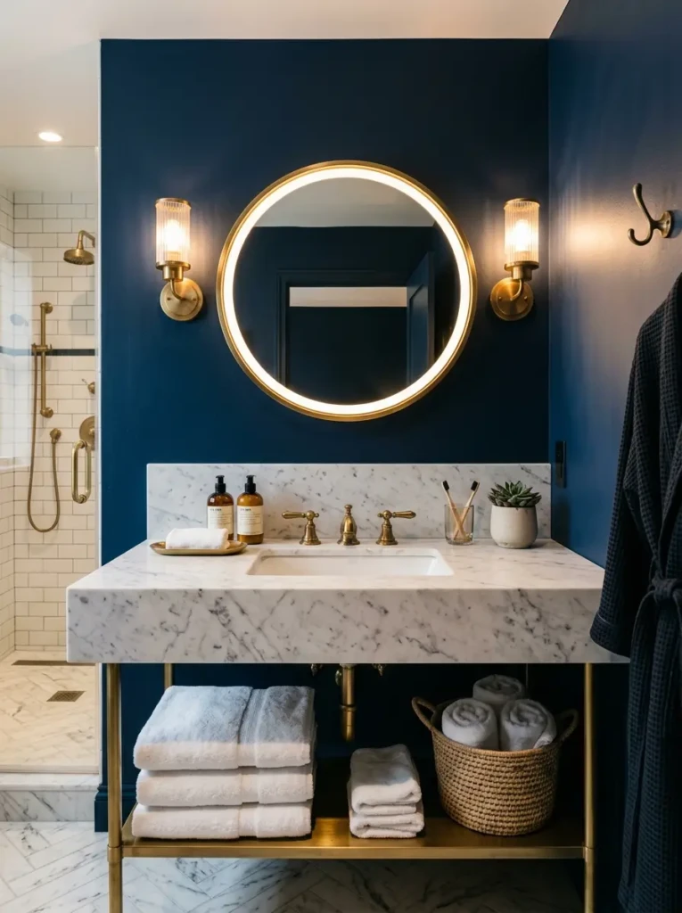 Dark blue bathroom with navy walls, brass sconces, a glowing mirror, marble vanity, and white towels.