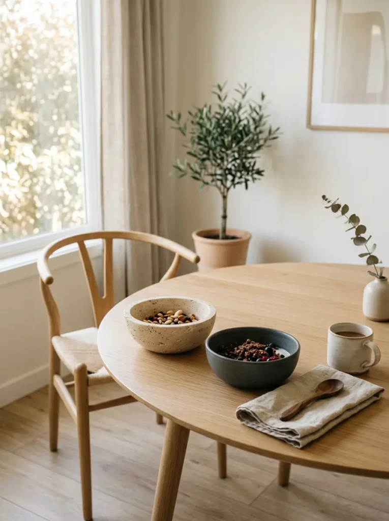 Travertine and ceramic bowls styled on a minimalist dining table