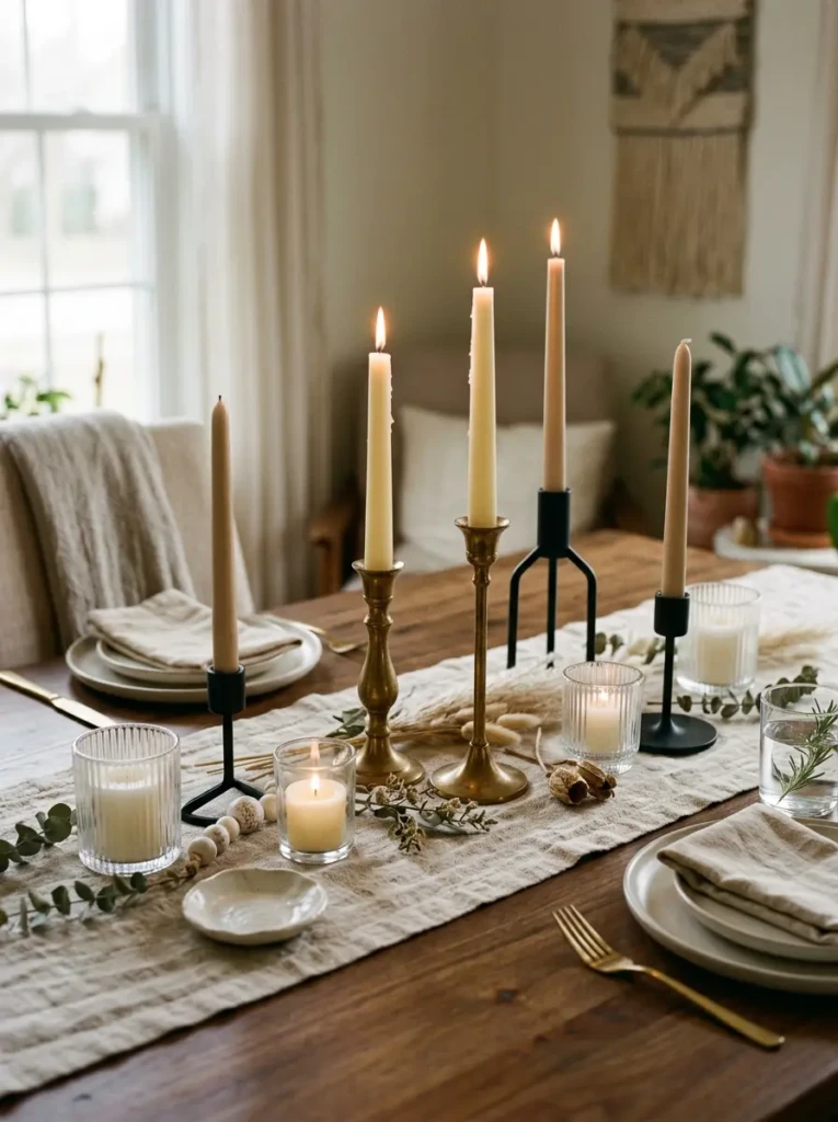 Brass and black candle holders styled on a cozy dining room table