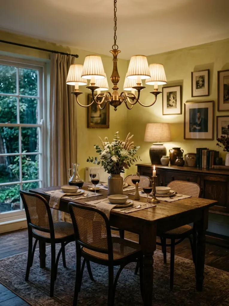Brass vintage-style chandelier in cozy dining room with warm nostalgic decor