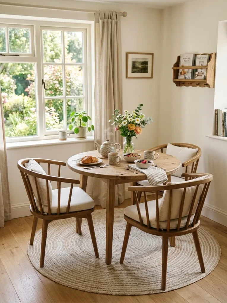 Cozy breakfast nook with a round dining table placed on a soft circular area rug.