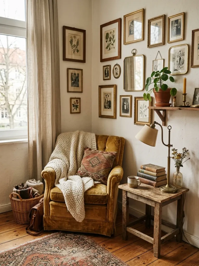 Bedroom decorated with affordable flea market finds, rustic textures, and timeless vintage charm.