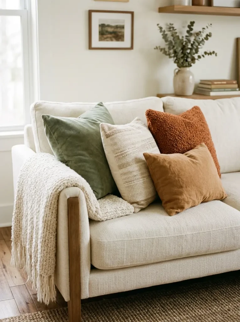 Beige sofa styled with layered linen, velvet, boucle, and woven pillows in warm neutral colors.