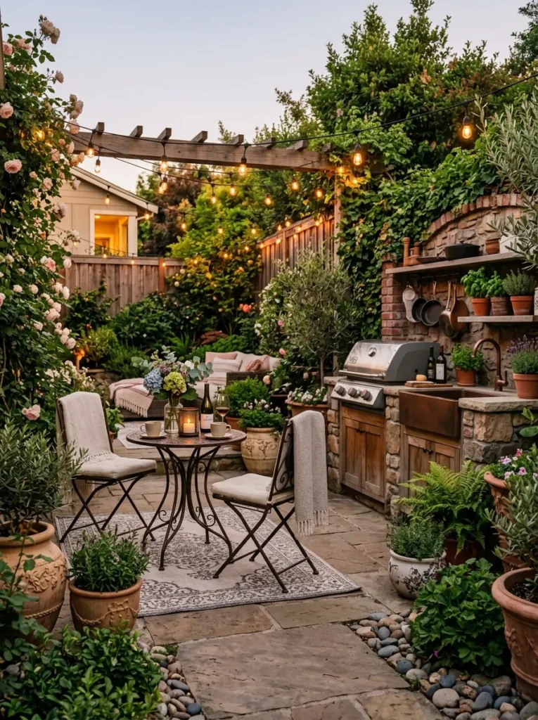 Outdoor kitchen with café table, decorative planters, and string lights