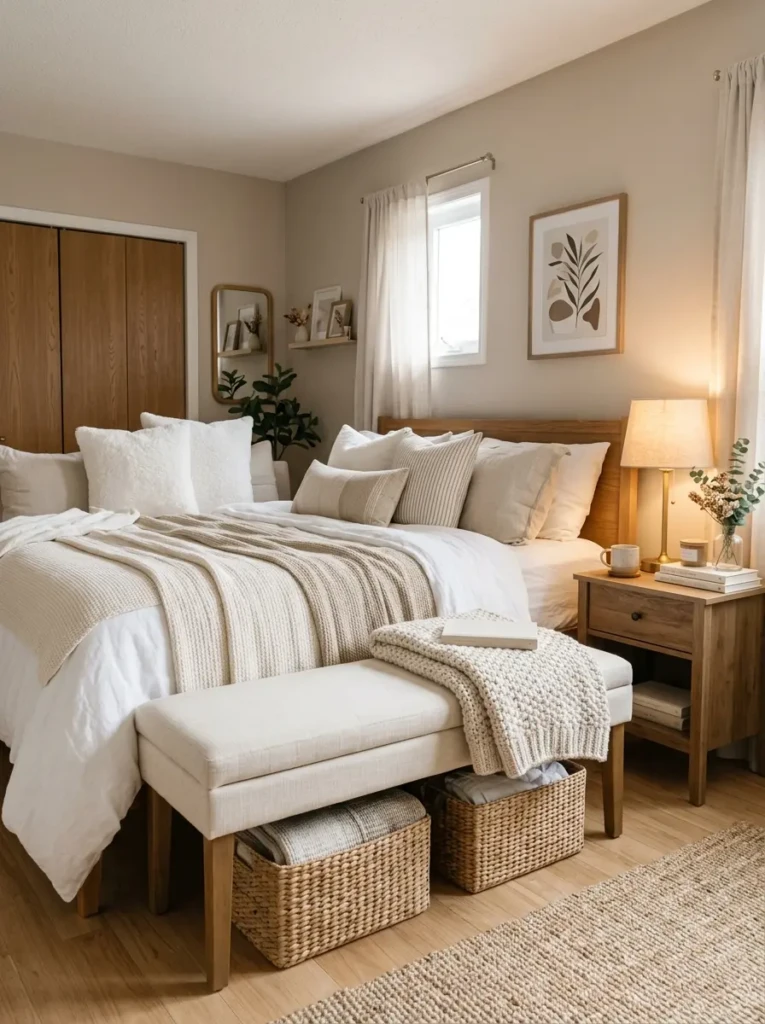 Calm bedroom retreat with storage bench, woven baskets, styled nightstand, and soft bedding.