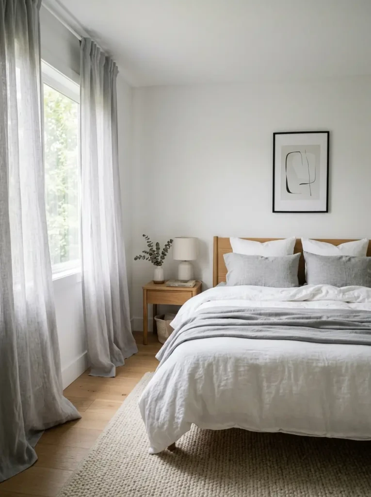 Light-filled bedroom with soft grey curtains white bedding and airy decor creating a calm and elegant atmosphere