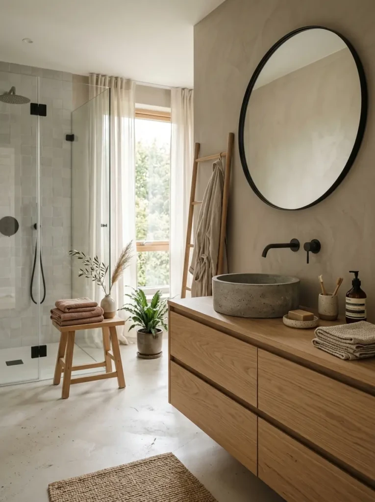 Calm Japandi bathroom with warm neutrals, pale wood vanity, stone basin, black fixtures, ceramic accents, and linen towels.
