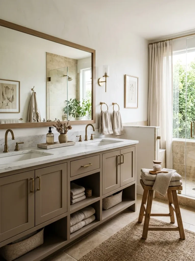Calm neutral double sink bathroom with taupe vanity, warm white walls, linen towels, stone accessories, and layered beige textures.