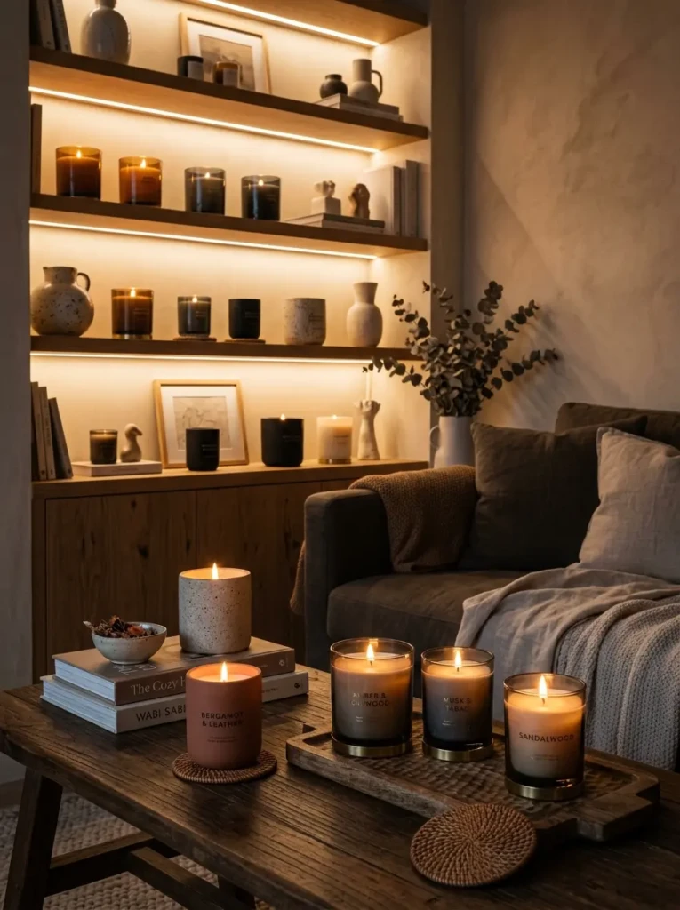 Decorative candles in smoky glass and ceramic holders styled in cozy living room.