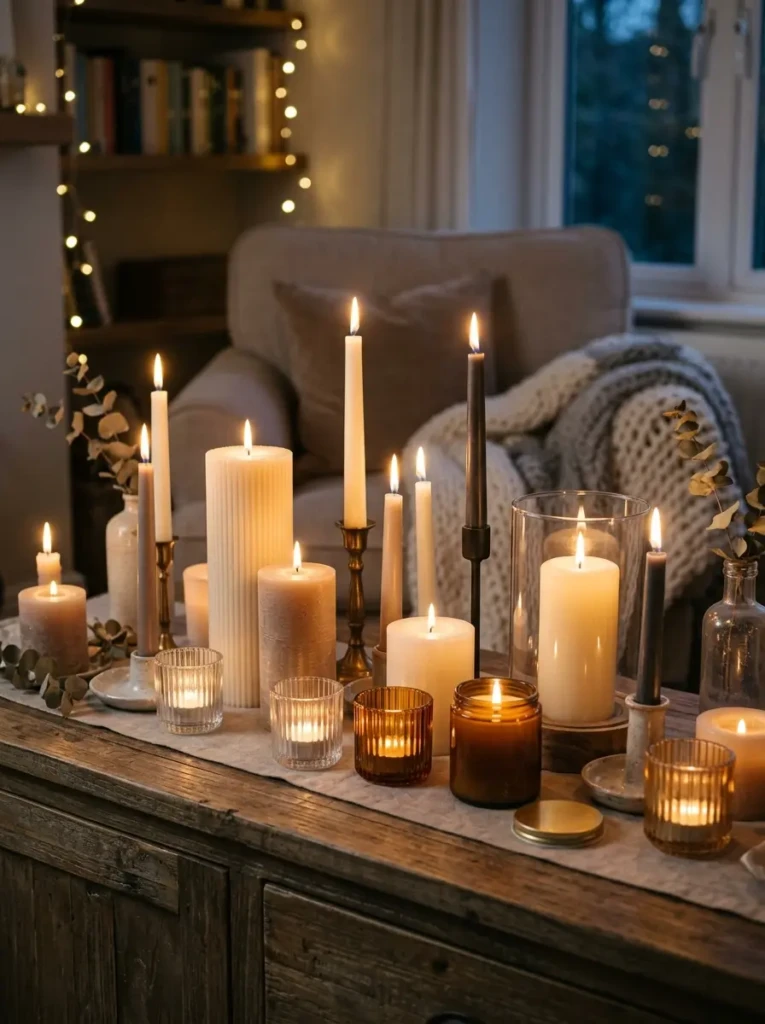 A collection of candles in different sizes and neutral tones arranged neatly on a bathroom shelf