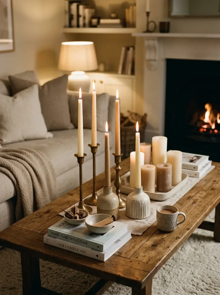 Pillar and taper candles in ceramic and brass holders on neutral coffee table