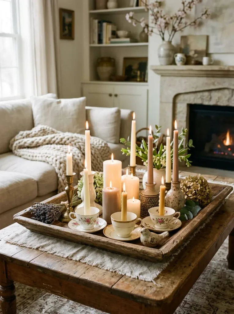 Decorative candles arranged on tray with ceramic textures and neutral decor accents
