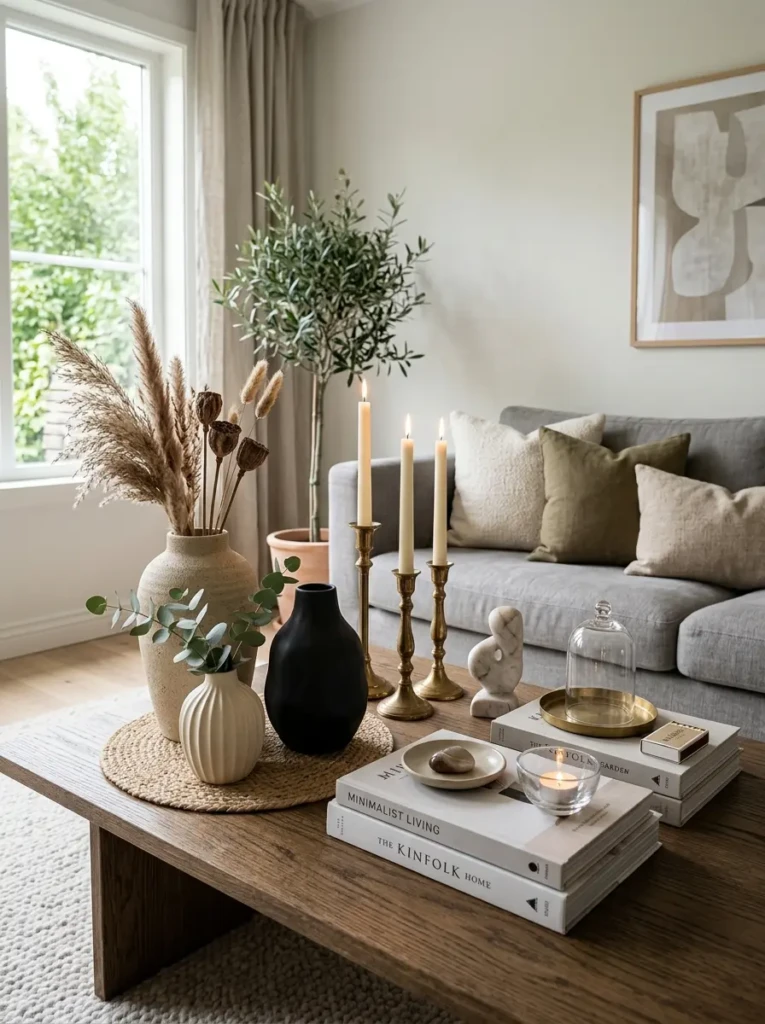 Candlesticks and sculptural vases creating visual flow on modern coffee table