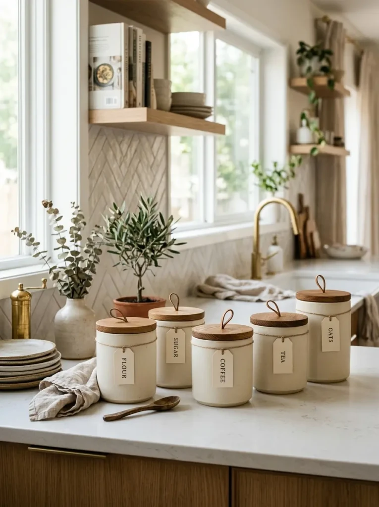 Minimal kitchen canisters with wooden lids on a stylish countertop.