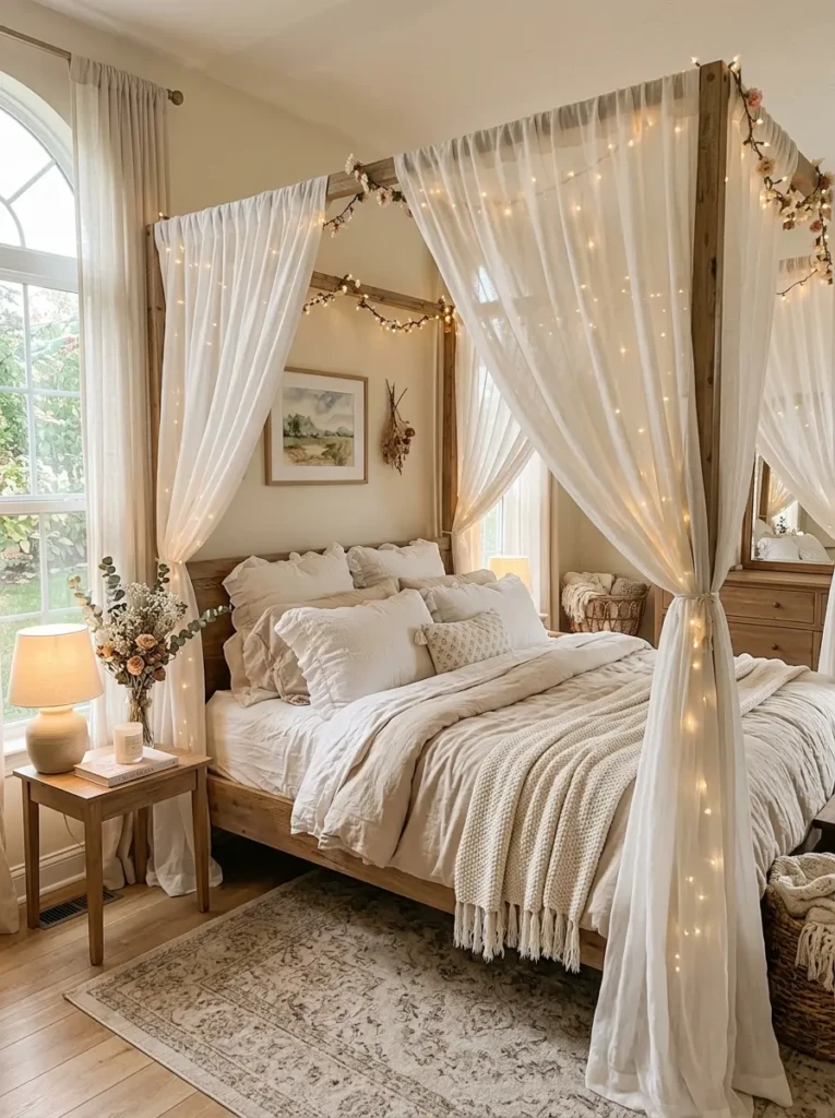 Dreamy canopy bed with sheer curtains, fairy lights, and soft layered neutral bedding