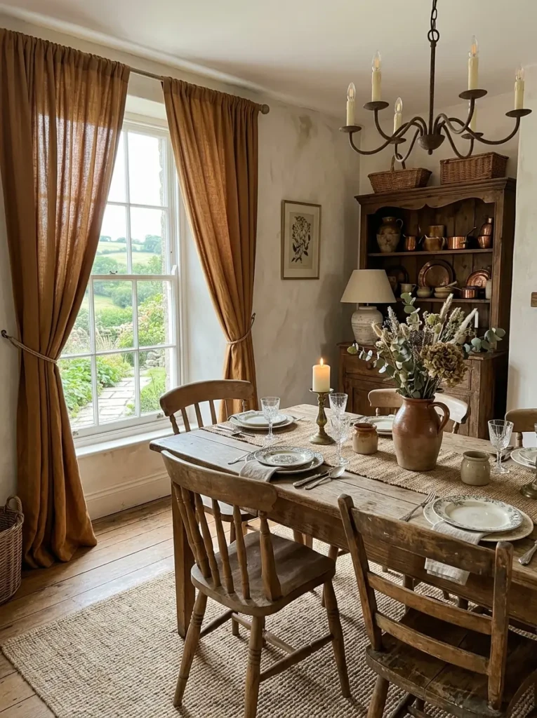 Warm caramel curtains styled with vintage farmhouse dining decor and rustic textures.
