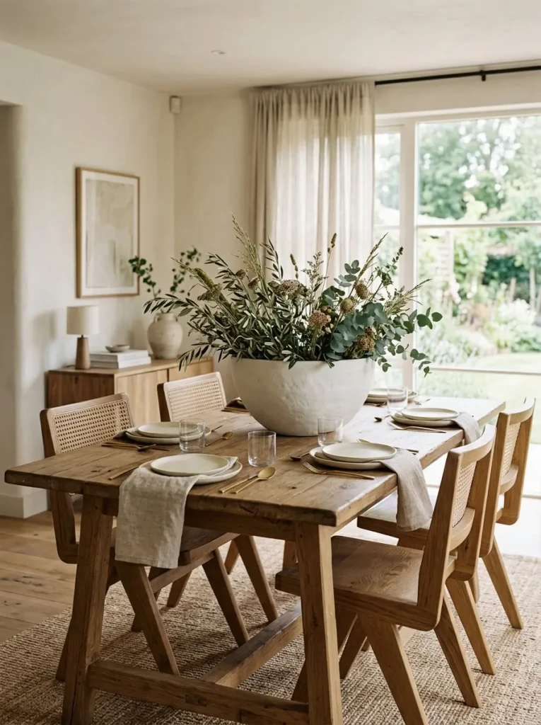 Minimal dining table with oversized ceramic bowl centerpiece and neutral decor