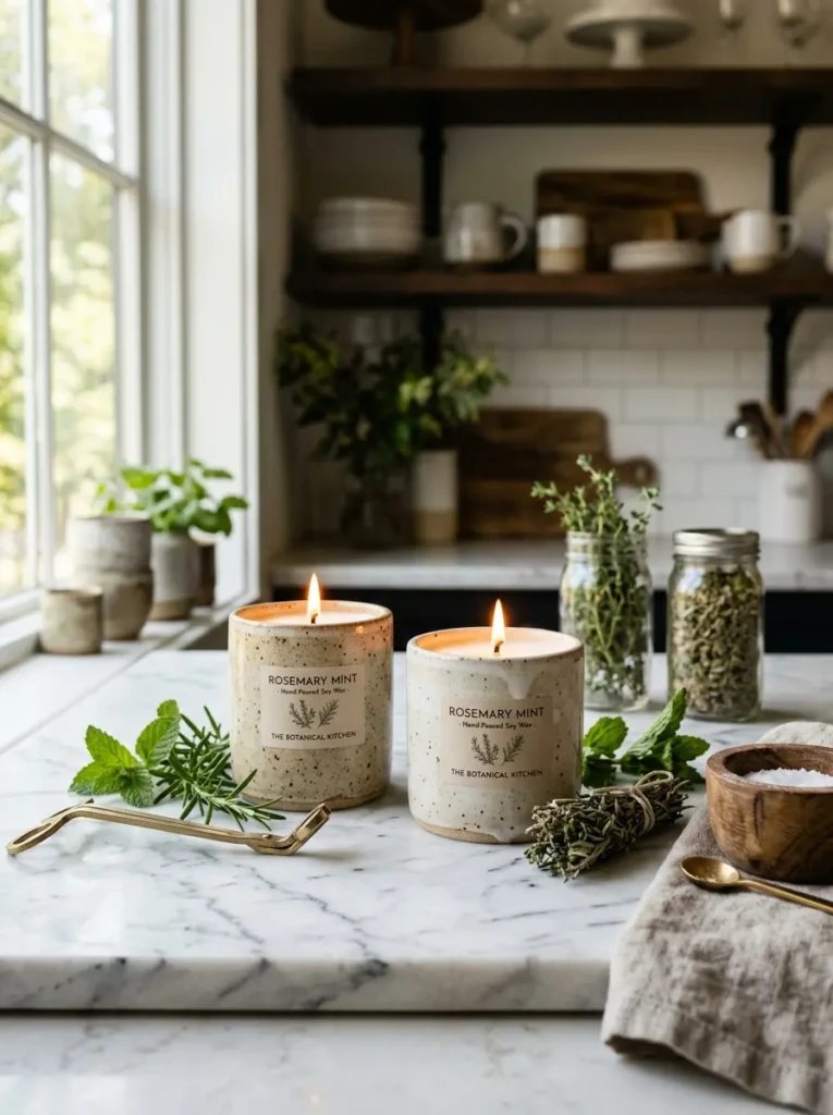 Ceramic candle holders with rosemary mint candles on marble kitchen countertop