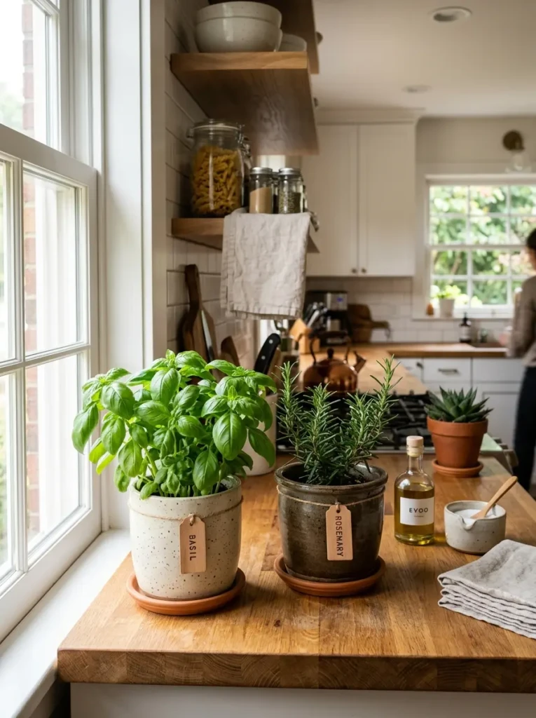 Ceramic herb pots with basil and rosemary on a cozy kitchen countertop.