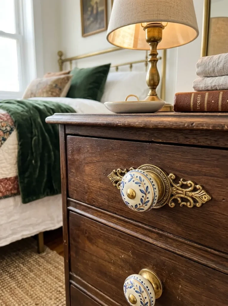 Ceramic knobs and gold hardware on cozy vintage bedroom furniture