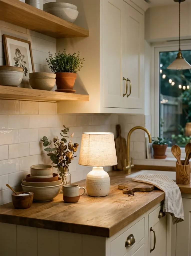 Ceramic lamp with linen shade in a stylish neutral kitchen corner