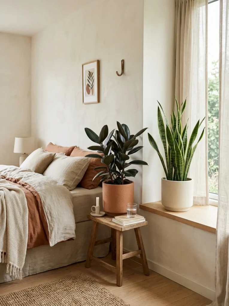 Modern minimalist bedroom with ceramic plant pots and earthy decor tones
