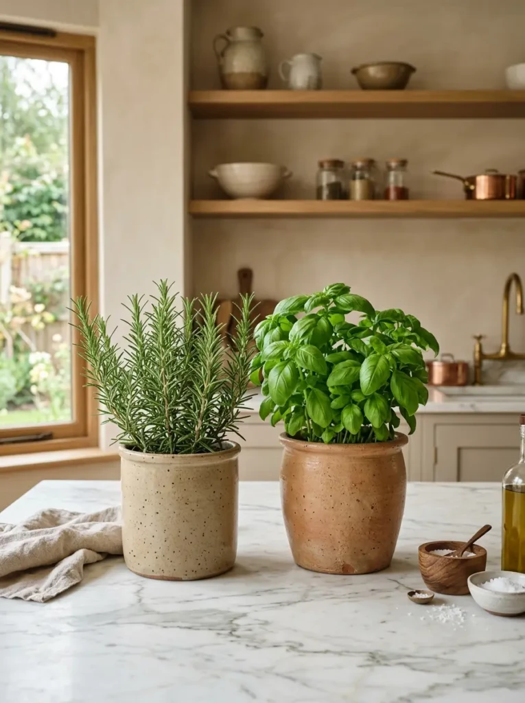 Rosemary and basil in ceramic pots on marble countertop with soft natural lighting