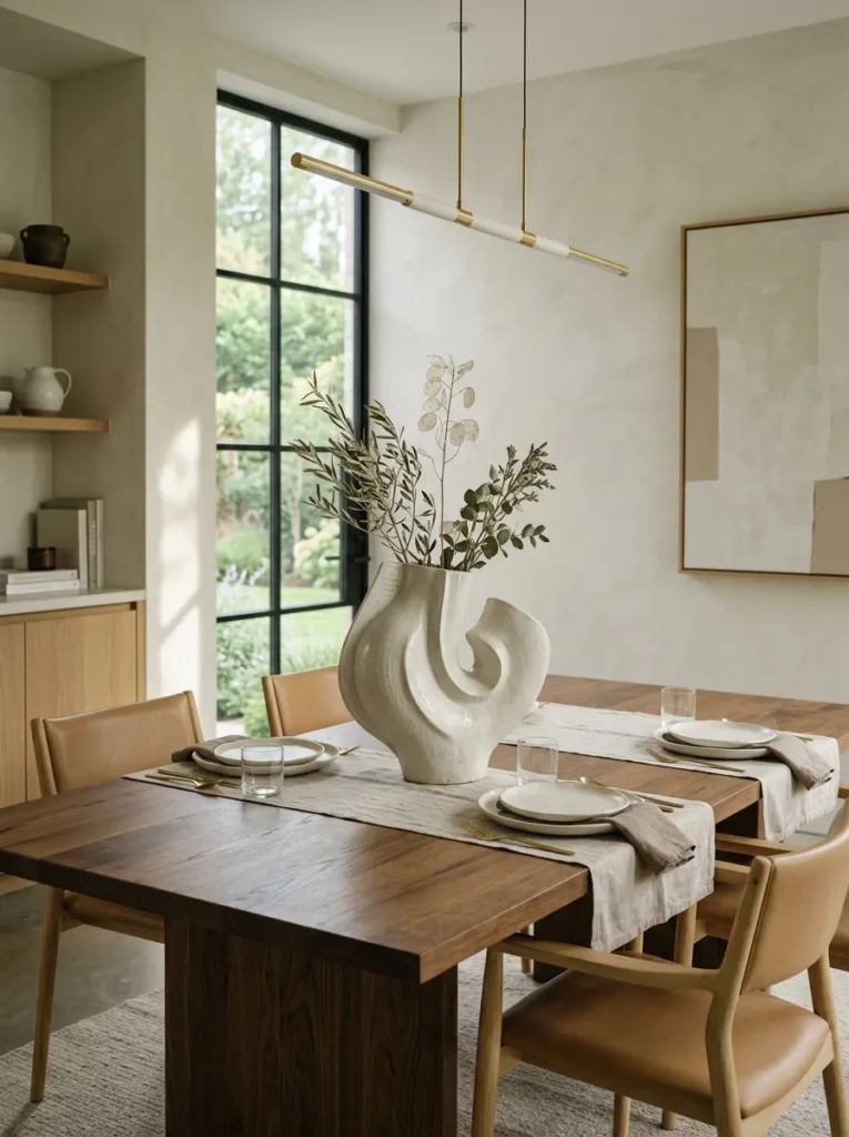 Modern dining table featuring a large sculptural ceramic vase centerpiece