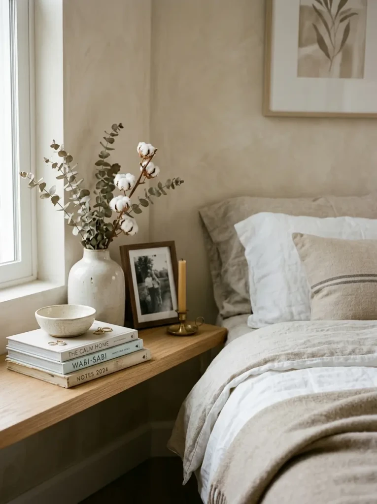 Minimalist bedroom styling with ceramics and meaningful decorative accents