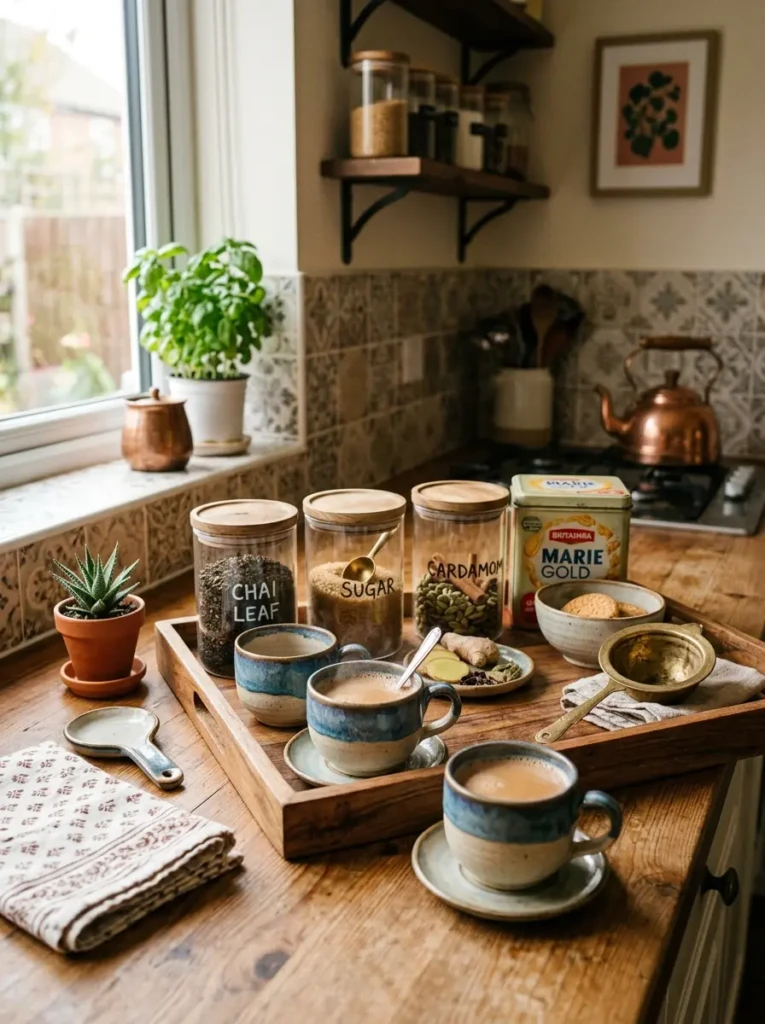 Cozy chai station with tea jars, sugar jar, cardamom, ceramic cups, wooden tray, biscuit tin, and a tiny plant.