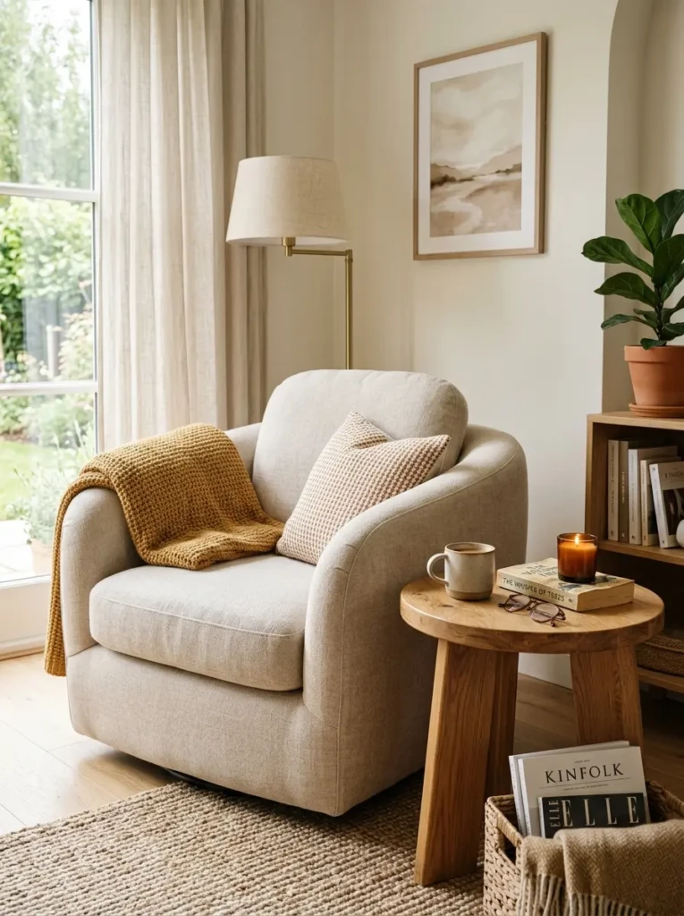 Soft upholstered chair beside wooden side table in a warm cozy living room.