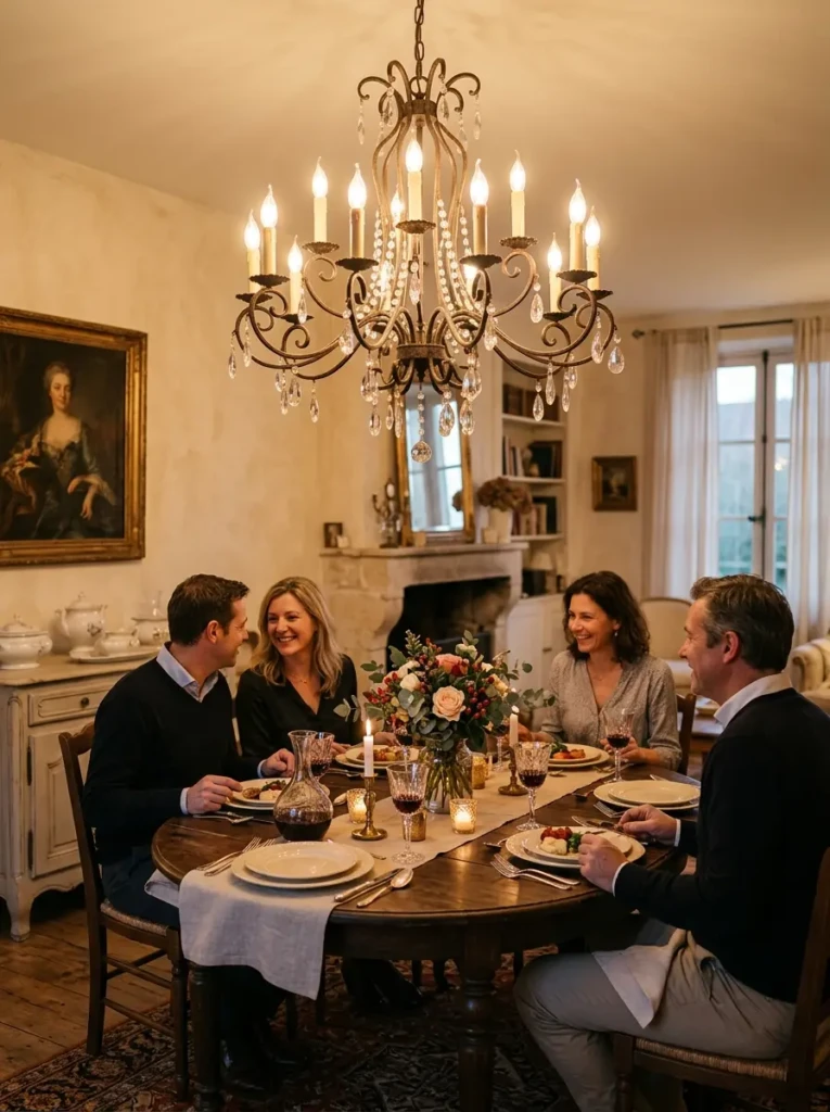 Elegant chandelier with candle-style bulbs creating warm romantic dining atmosphere
