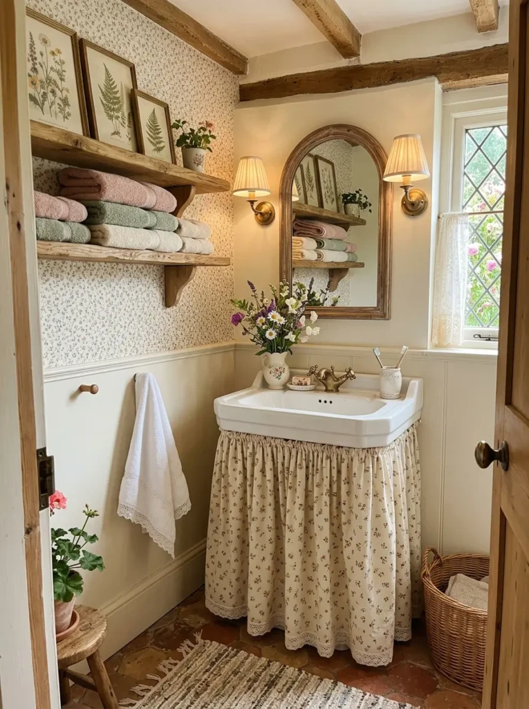 Charming cottagecore bathroom with floral wallpaper, pastel towels, vintage frames, lace-trimmed linens, wildflowers, and warm lighting.